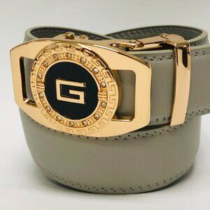 Gray Leather Belt Automatic Buckle Slide Belts No Hole‎ Strep Ratchet Men Women